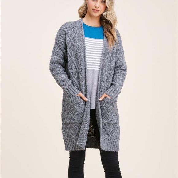 Last 1! NWT Charcoal Gray Long Cable-knit Cardigan Sweater - Picture 2 of 8